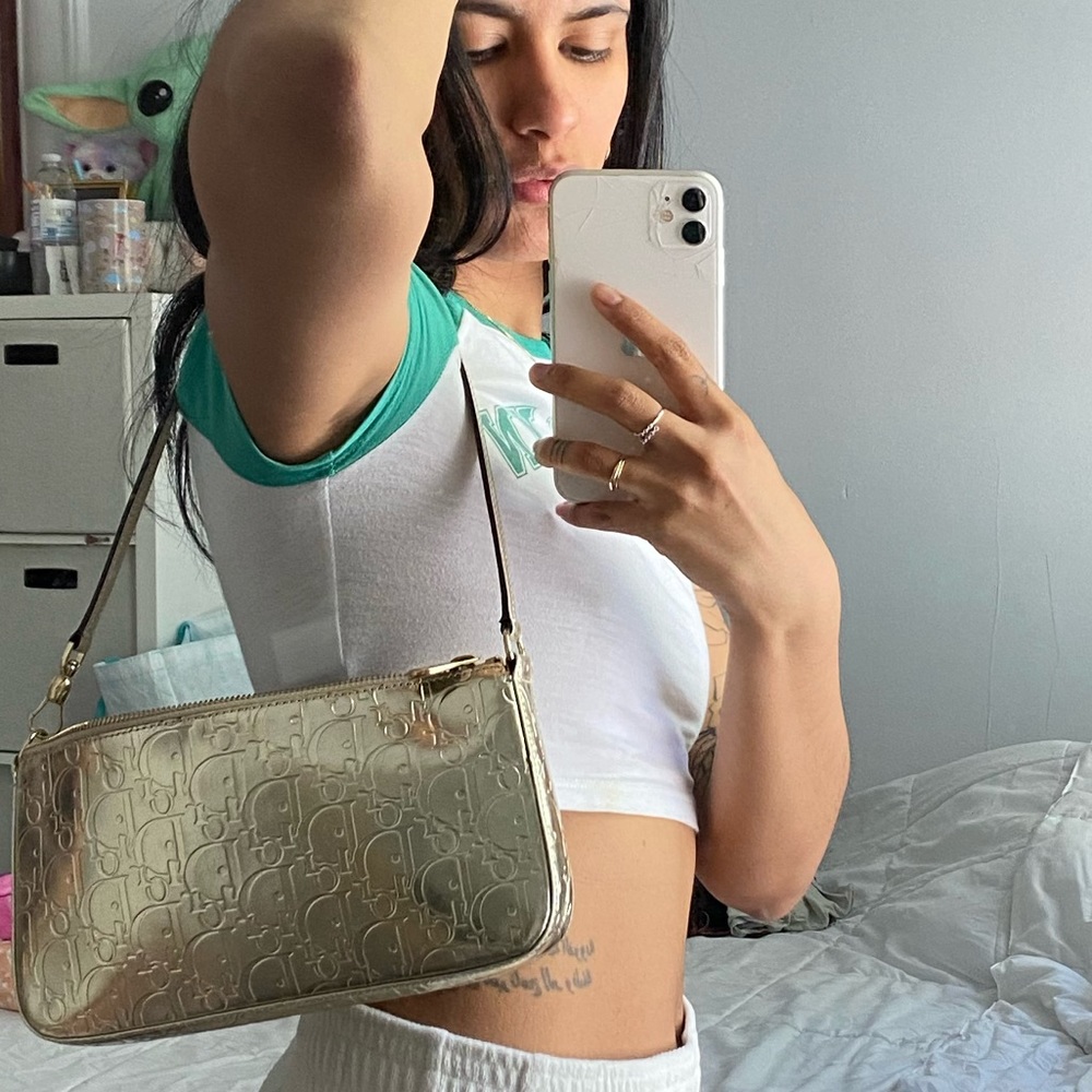 Christian Dior Metallic Patent Monogram Leather Shoulder Bag Light Gold